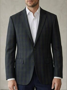 Hugo Boss Lightweight Wool Blazer Jacket Size 44R Navy Blue Green Plaid